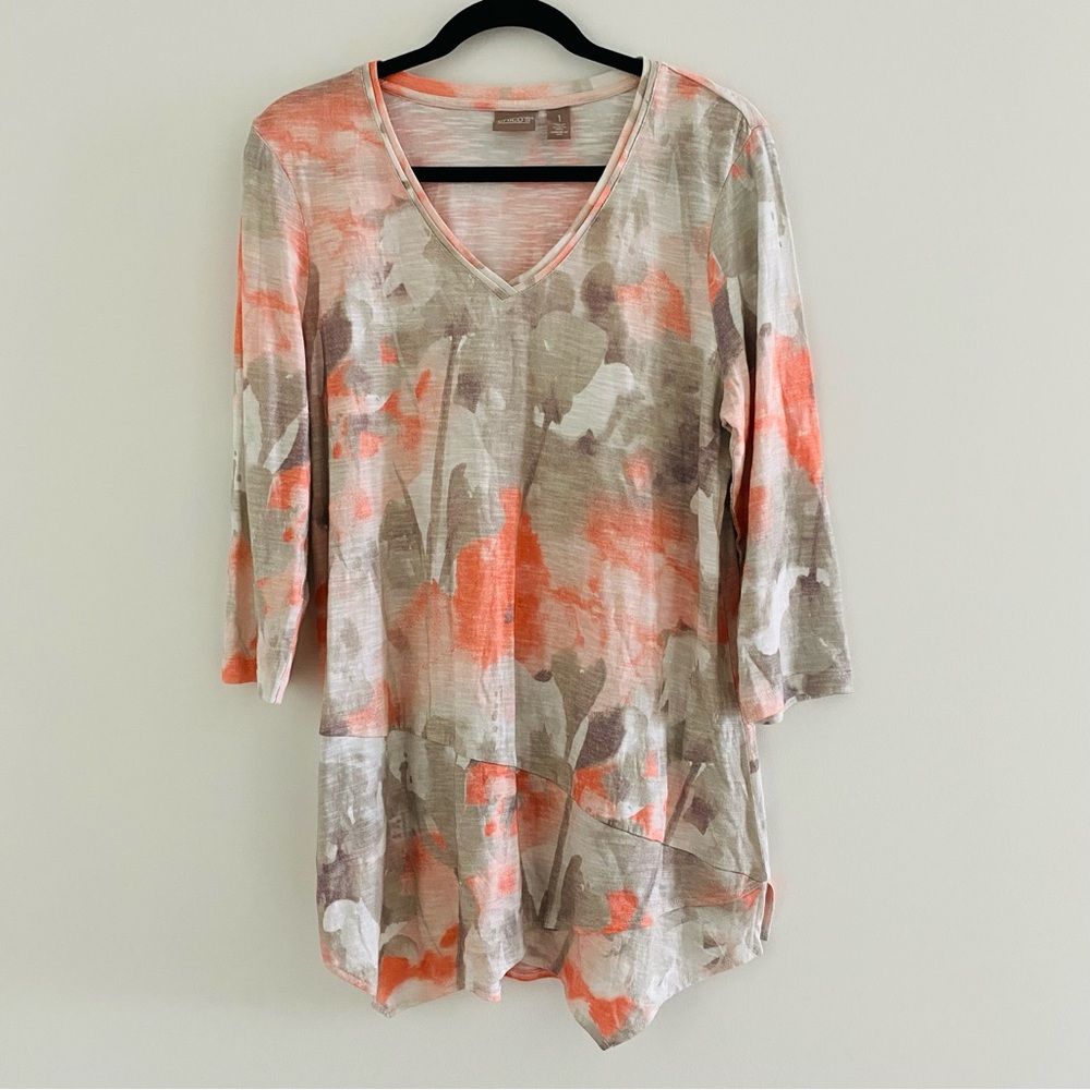 Chico's Cotton Modal 3/4 Sleeve V-neck Watercolor Tie Dye Longline Tunic Top
